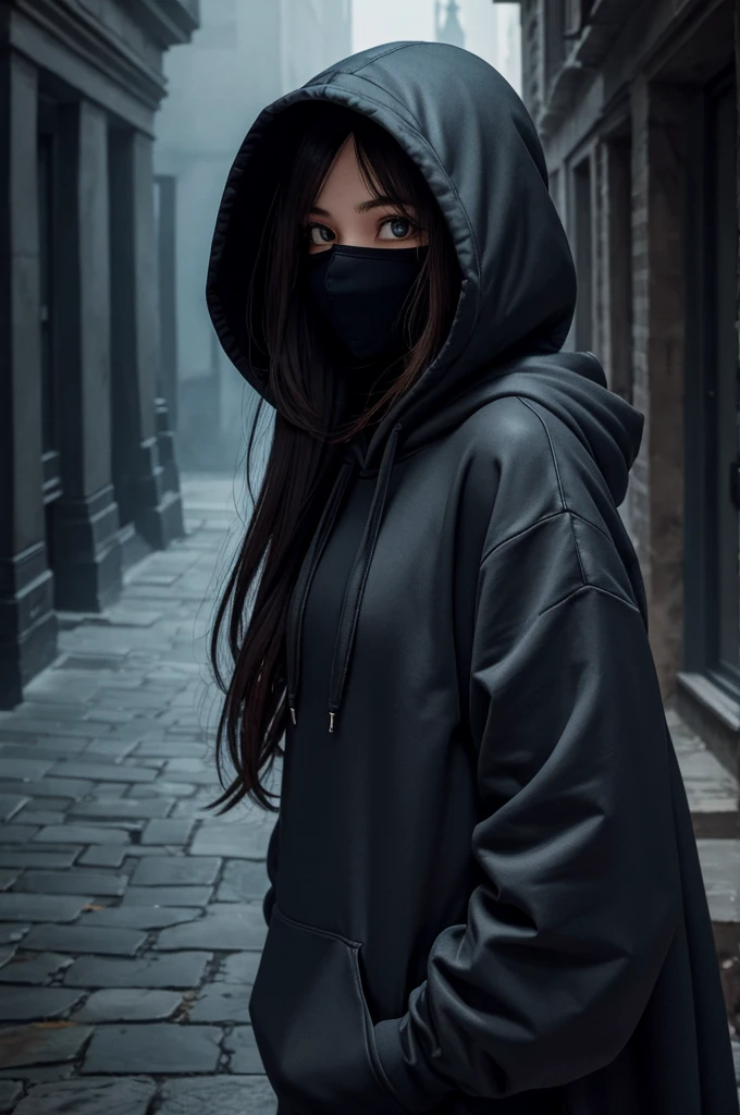 A mysterious girl wearing a hoodie, her face is hidden in a mask and the background is dark and creepy castle