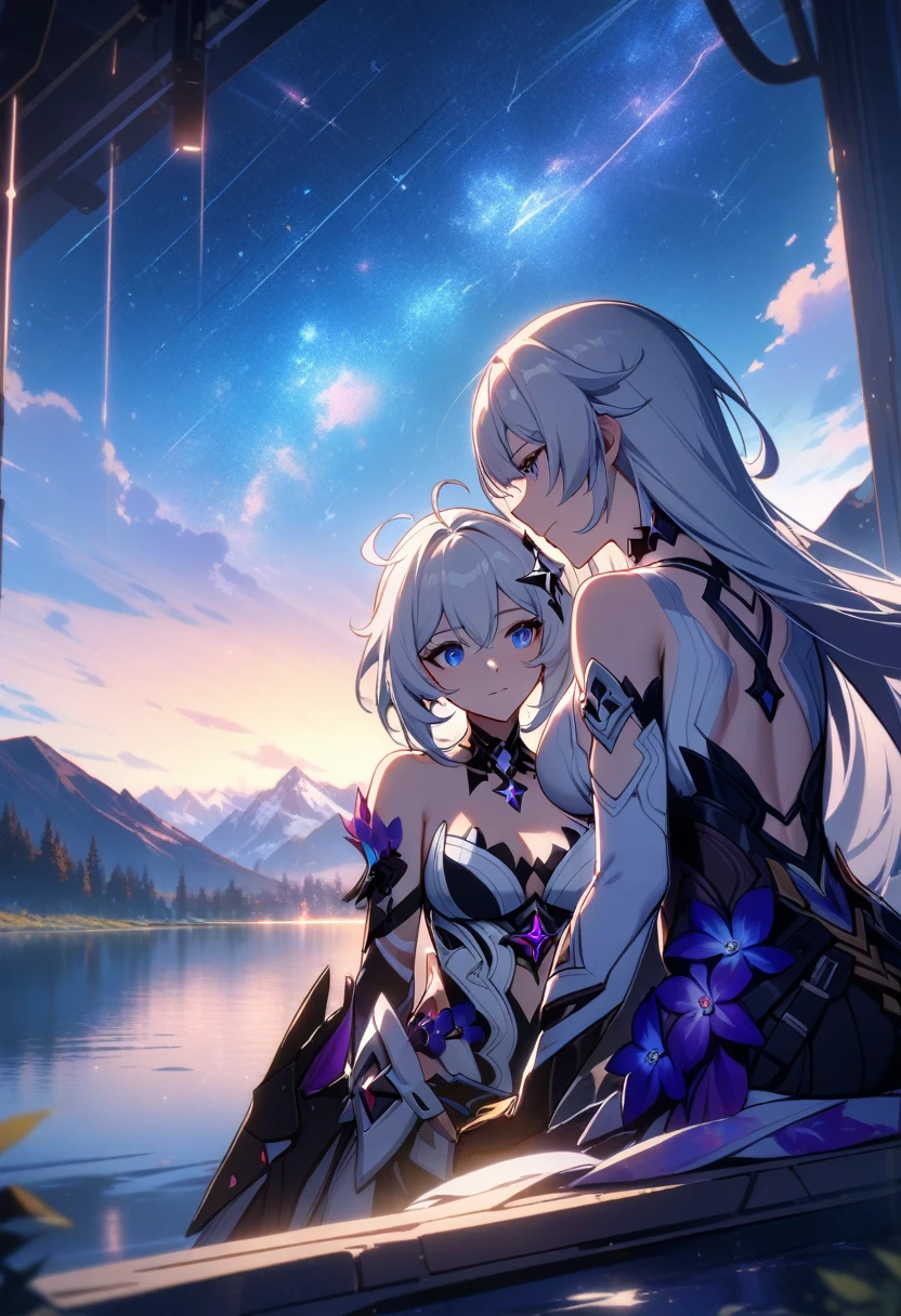 a beautiful detailed portrait of  girls, Kiana Kaslana \(Herrscher of Finality)\ and Raiden Mei \(APHO)\, (Honkai Impact 3rd), sitting together in a scenic landscape with mountains, a lake, and a starry nebula sky, romantic atmosphere, the girls sitting facing away from the camera, head resting on each other's shoulders, (best quality,4k,8k,highres,masterpiece:1.2),ultra-detailed, studio lighting, extremely detailed environment, vibrant colors, cinematic lighting