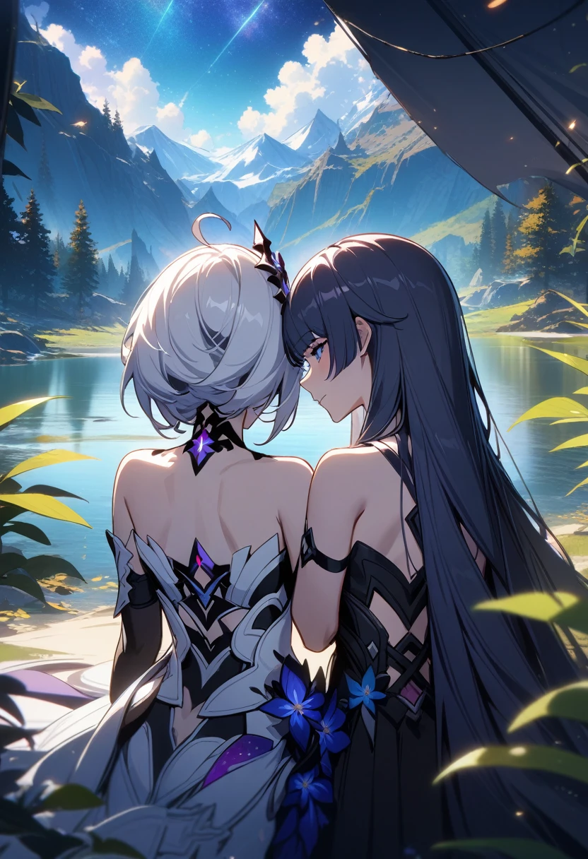 a beautiful detailed yuri scene of 2girls, Kiana Kaslana \(Herrscher of Finality)\ and Raiden Mei \(APHO)\, (Honkai Impact 3rd), very long hair, ponytail, (kissing:1.5) in a scenic landscape with mountains, a lake, and a starry nebula sky, romantic atmosphere, the girls sitting facing away from the camera, head resting on each other's shoulders, (best quality,4k,8k,highres,masterpiece:1.2),ultra-detailed, studio lighting, extremely detailed environment, vibrant colors, cinematic lighting