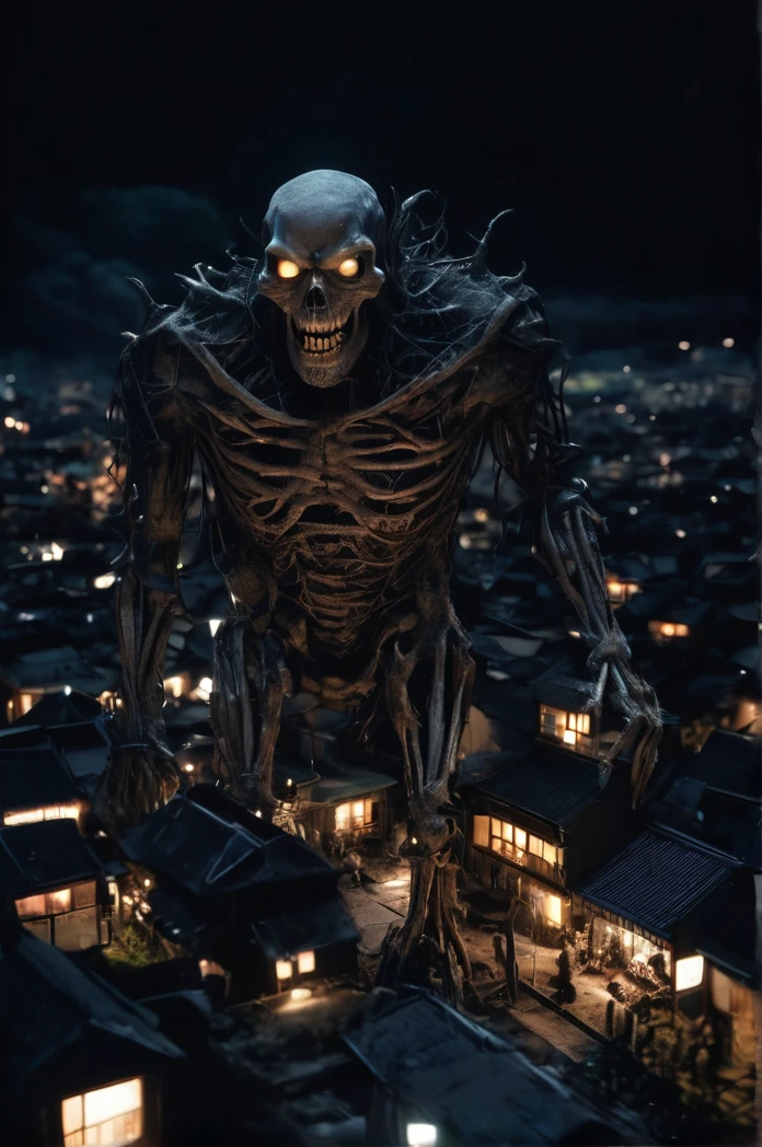 Aerial view of a small Japanese town at night、A gigantic skeletal monster with no lower body、Shallow depth of field, Vignette, Very detailed, High budget, Bokeh, CinemaScope, Sulky, amazing, nice, Film Grain, granular . Creepy, Anxious, dark, Creepyな, Suspenseful, strict, Very detailed