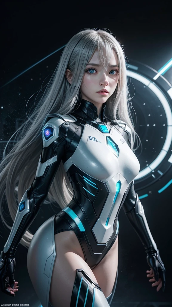 Make an image with the following texts:
 
Lesly with epic ghost trail skin from Mobile Legends Bang Bang Long hair, futuristic blue eyes, body with futuristic machine type humanoid, with futuristic advanced sniper gun aiming straight ahead, abundant gray color, negro, character with a space background and in the center of the image behind the character a stretched rhombus that serves to teleport the character whose rhombus shows another position in another space, long silver hair, everything in an anime way, all the character with the appearance of ex-machina schwi from the anime no game no life zero