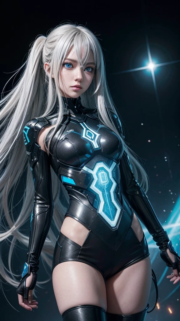 Make an image with the following texts:
 
Lesly with epic ghost trail skin from Mobile Legends Bang Bang Long hair, futuristic blue eyes, body with futuristic machine type humanoid, with futuristic advanced sniper gun aiming straight ahead, abundant gray color, negro, character with a space background and in the center of the image behind the character a stretched rhombus that serves to teleport the character whose rhombus shows another position in another space, long silver hair, everything in an anime way, all the character with the appearance of ex-machina schwi from the anime no game no life zero