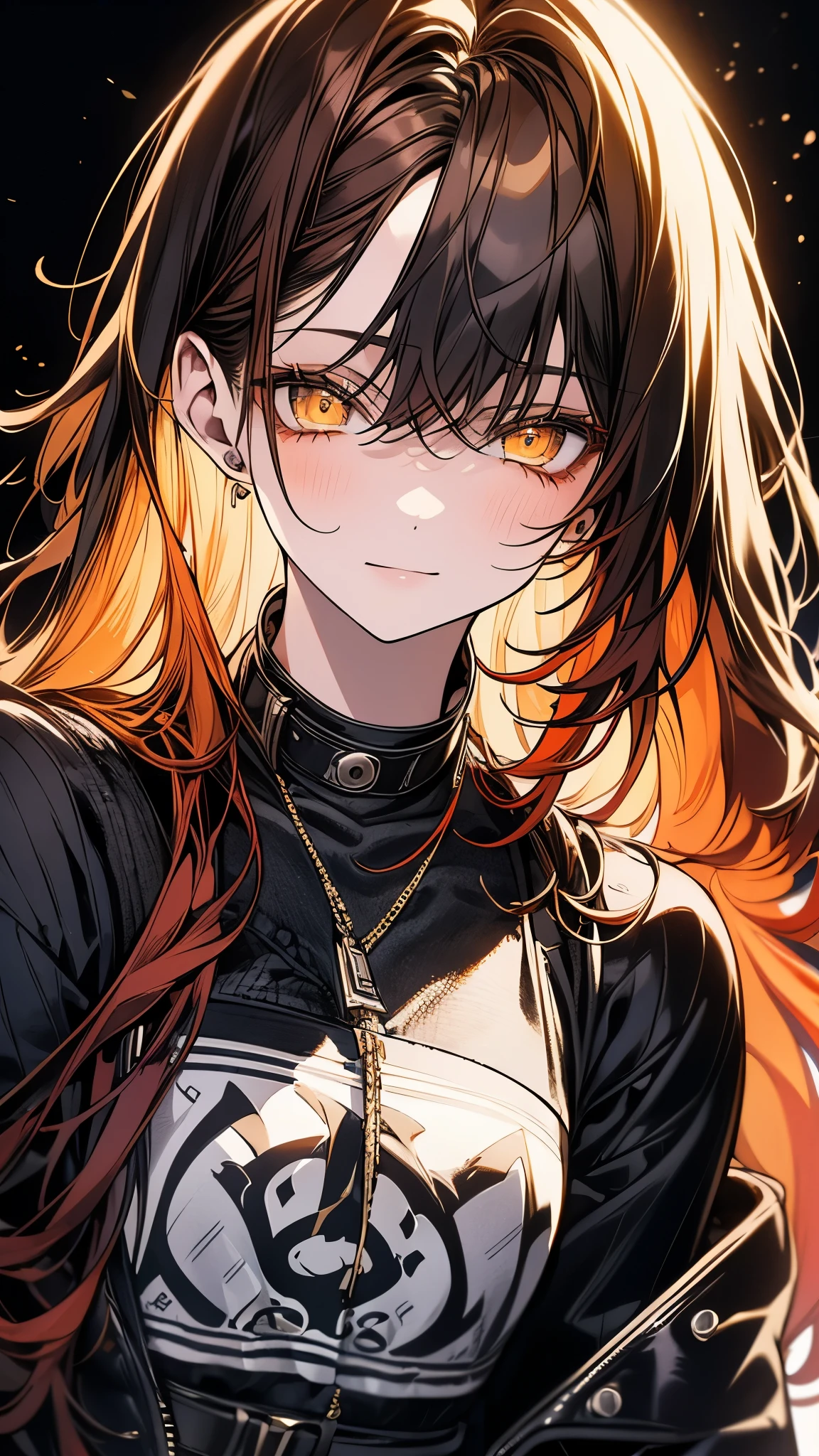 (Top resolution、Distinct_image)top-quality、(A girl) 、masterpiece、highly detailed, half body, Semi-realistic、 ( yellow eyes ) 、18year old,
( dark red hair ),(yellow inside) ,young , (orange inside), Facial features ,variation potrait, long hair , age, cool , cold sharp eyes, , {Very detailed 8k CG unit wallpaper}, students, ,music club background, Handsome,cool musician , punk rock