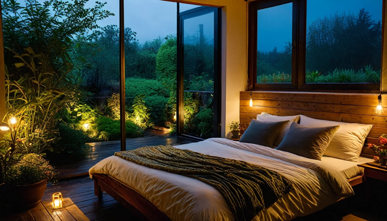 The picture shows a cozy bedroom with large windows offering views of the beautiful, dimly lit garden AND FLOWER-soaked gardens. CINEMATIC, JAPANESE HOUSE, the shape of a Japanese house, and lots of flower gardens in the garden. The bed was unmade with crumpled sheets, indicating only sleep in peace. looks dim, gloomy. Beside the bed there is a small table with a classic lamp burning which radiates warm light into the room. Outside the window, lush green plants can be seen on the terrace or balcony area, rain is falling, the lamp on the left provides warm lighting, creating a calm and peaceful atmosphere. with mist partially obscuring the landscape in the distance. The contrast between the warmth indoors and the rain outdoors creates an inviting and calming atmosphere