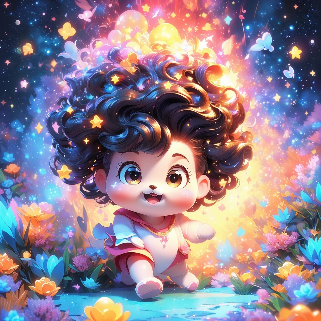 (best quality,4K,8k,highres,​masterpiece:1.2),ultradetailed,(realisti,photorealisti,photo-realisti:1.37), 2 black shih tzu puppies Sanrio-Illustrationsstil, a fantastic magical world, The background of the starry sky,