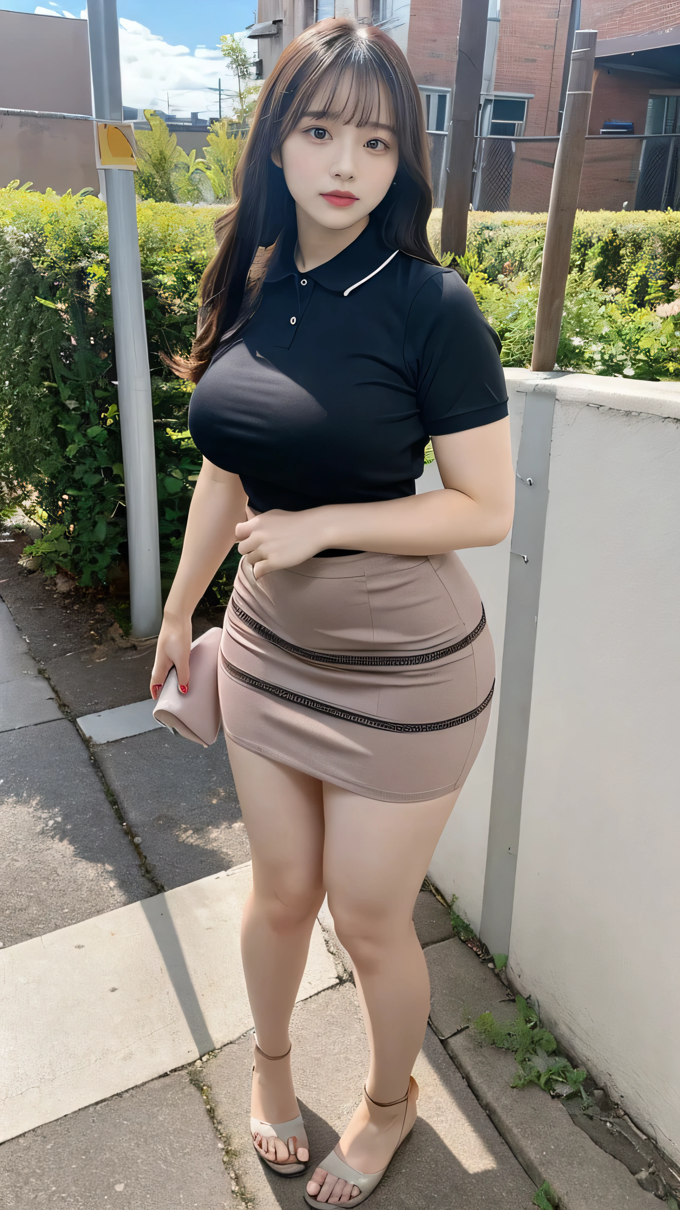 In town、Full body photo、Cute woman、Private Server、Polo shirt、Tight clothing、Tall、Well-built、Well-built、Broad shoulders、Big Breasts、Big Tits、Big butt、Glamour、mini skirt、Thick thighs