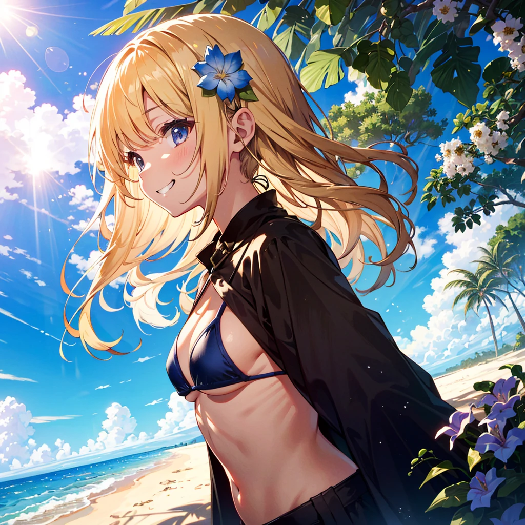 Adopted, colorful, very aesthetic, absurd, masterpiece, top quality, temporary, very delicate, high fantasy theme,
, blonde, long hair, small breasts,
Hair ornament, Outdoors, Refreshing, Tyndall phenomenon, Lens flare, Movie shadow, Depth of field, Morning dew, Looking from the side, Cute, Wonderful, Beautiful, Dynamic angle, 1 girl, 7 years old, (Young: 2.0) , solo, grinning, beach, (bikini), lots of flowers, hot, sunlight, Tyndall phenomenon
