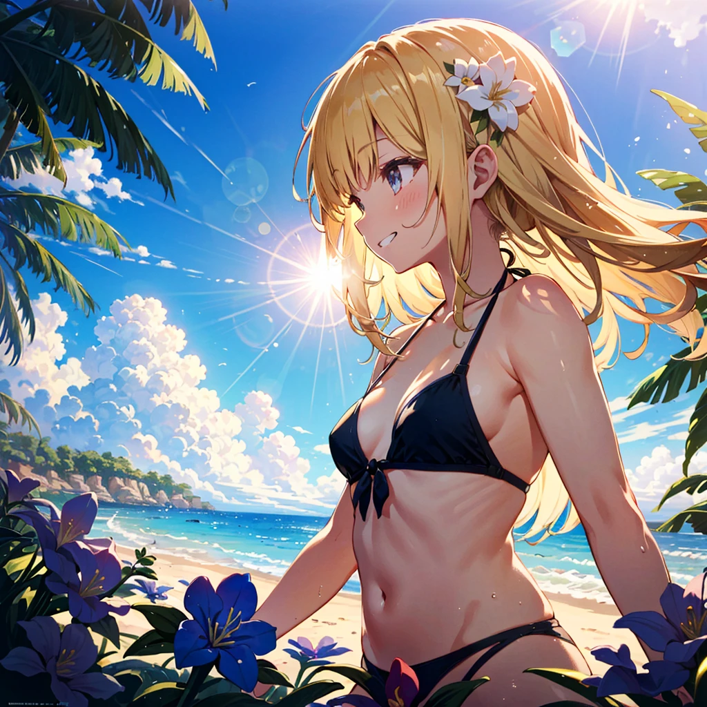 Adopted, colorful, very aesthetic, absurd, masterpiece, top quality, temporary, very delicate, high fantasy theme,
, blonde, long hair, small breasts,
Hair ornament, Outdoors, Refreshing, Tyndall phenomenon, Lens flare, Movie shadow, Depth of field, Morning dew, Looking from the side, Cute, Wonderful, Beautiful, Dynamic angle, 1 girl, , (Young: 2.0) , solo, grinning, beach, (bikini), lots of flowers, hot, sunlight, Tyndall phenomenon