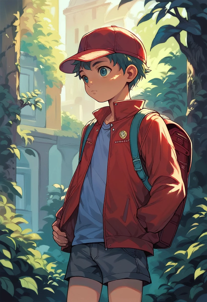 (((Masterpiece))), best quality, cowboy shot, perfect anatomy, realistic face, outdoors, sunny, warm sunlight, painterly 1boy, (((shota))), solo, red jacket, three quarter view, cap, backpack