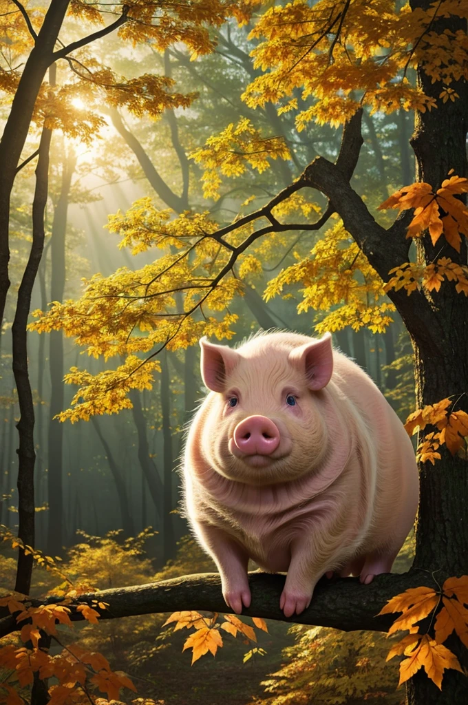 A fluffy pig, with big curious eyes, sits on a branch in a magical forest, surrounded by fall foliage and glowing with a soft, warm light. The scene is filled with a sense of wonder and tranquility. Digital painting, in the style of Studio Ghibli, with influences from Hayao Miyazaki, Soft, diffused lighting, warm color palette with deep reds, oranges and yellows, textured brush strokes.