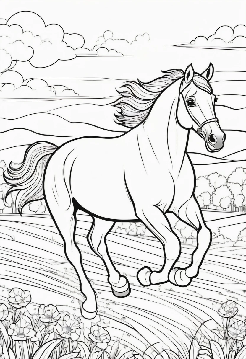 coloring page for kids, Horse galloping in a field, cartoon style, thick lines