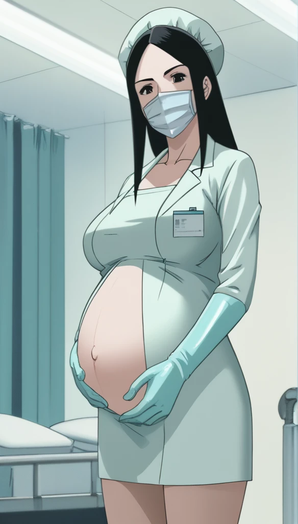 score_9,  score_8_up, score_7_up, source_anime, raw image, masterpiece, highest quality, kasuganoray, pale skin, she narrowed her eyes, shy eyes, looking_at_viewer, long black hair, close ears, big breasts, scrubs, surgical mask, bouffant cap, long sleeve maternity dress, put on another long sleeved coat, seamless, navel head, the dress isn't wrinkled, tight fitting, long white stockings, 
1girl, pregnant, solo, sexy, long rubber gloves, looking down, look at viewer, furrowed brow, hospital bed, light shines from the ceiling, standing, patient room background, she is inquiring about, her fetus was struggling, The skin on her stomach twitched,