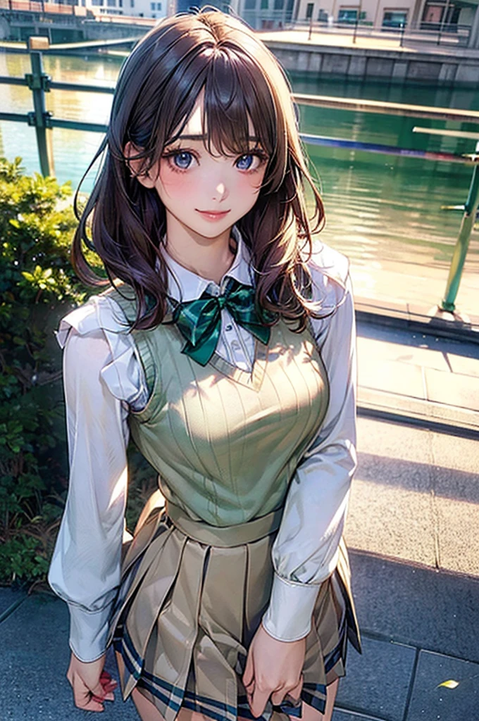 (masterpiece:1.2, Highest quality), (Realistic, photoRealistic:1.4), Beautiful illustrations, (Natural Side Lighting, Cinema Lighting), View your viewers, Cowboy Shot, Front view:0.6, 1 girl, Japanese, high school girl, Perfect Face, Cute and symmetrical face, Glowing Skin, (Mid-length hair:1.5, short hair:1.4, Purple Hair), Parted bangs, Light blue eyes, Long eyelashes, (Large Breasts:0.9, Thick thighs), Beautiful Hair, Beautiful Face, Beautiful attention to detail, Beautiful clavicle, Beautiful body, Beautiful breasts, Beautiful thighs, Beautiful feet, Beautiful fingers, ((Light blue long sleeve collared shirt, Blue checked pleated mini skirt, socks, Brown Loafers, emerald green bow tie, Beige sleeveless knit vest)), Pink Panties, (Beautiful views), evening, River side, walk, Place your hand on your chest, (Cute smile, Upward glance),