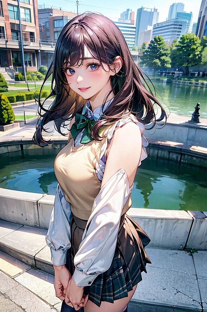 (masterpiece:1.2, Highest quality), (Realistic, photoRealistic:1.4), Beautiful illustrations, (Natural Side Lighting, Cinema Lighting), View your viewers, Cowboy Shot, Front view:0.6, 1 girl, Japanese, high school girl, Perfect Face, Cute and symmetrical face, Glowing Skin, (Mid-length hair:1.5, short hair:1.4, Purple Hair), Parted bangs, Light blue eyes, Long eyelashes, (Large Breasts:0.9, Thick thighs), Beautiful Hair, Beautiful Face, Beautiful attention to detail, Beautiful clavicle, Beautiful body, Beautiful breasts, Beautiful thighs, Beautiful feet, Beautiful fingers, ((Light blue long sleeve collared shirt, Blue checked pleated mini skirt, socks, Brown Loafers, emerald green bow tie, Beige sleeveless knit vest)), Pink Panties, (Beautiful views), evening, River side, walk, Place your hand on your chest, (Cute smile, Upward glance),
