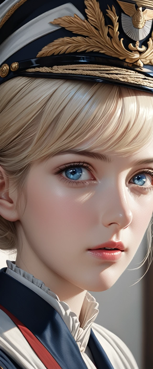 high quality, detailed, photo Realistic, (1 female),(25 years old), (detailed blue eyes), (light blond short hair),(shiny skin),18th century admiral lord,navy board,(best quality,4k,8k,highres,masterpiece:1.2), (face close up:0.8),(realistic,photorealistic,photo-realistic:1.37),