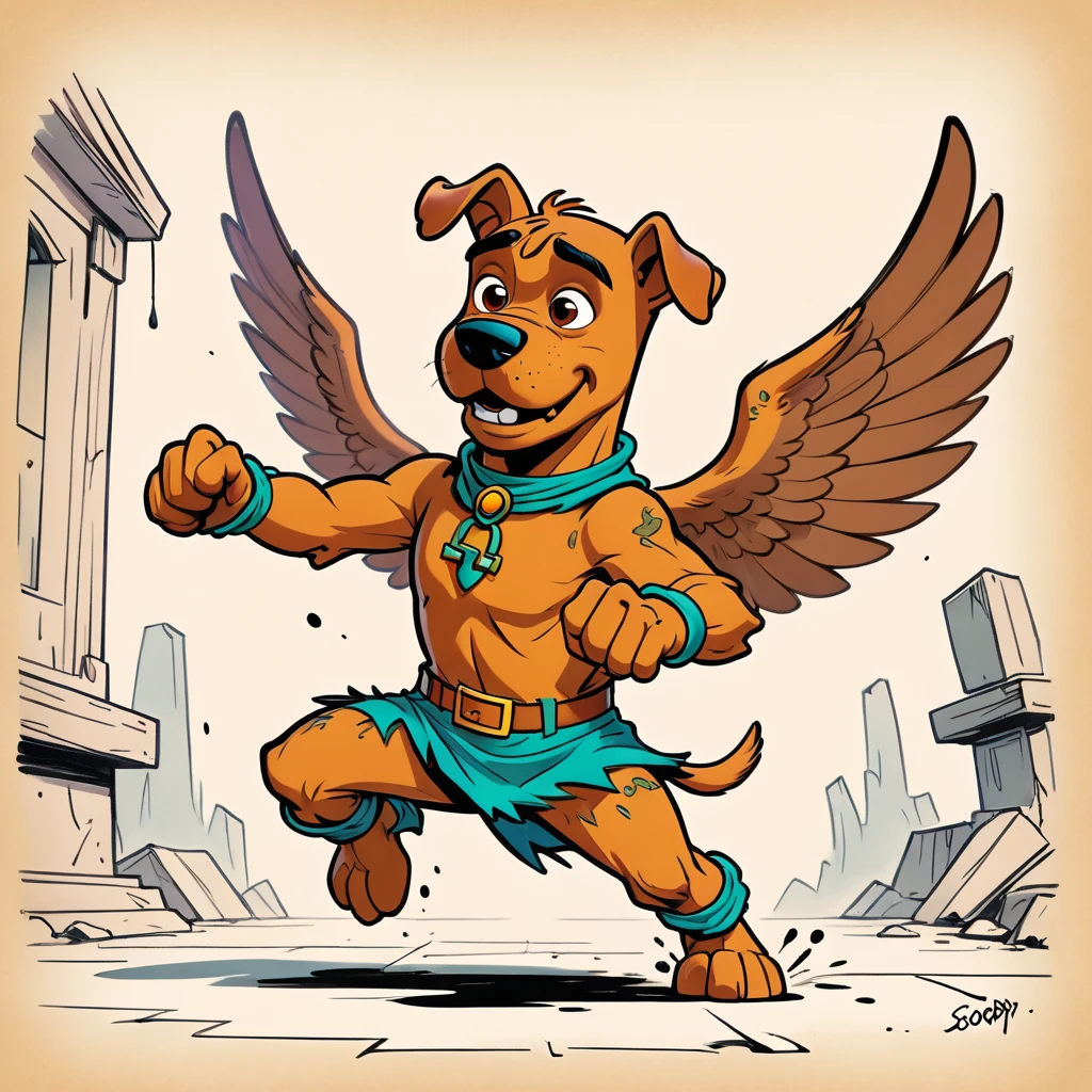 1960s design, vintage retro scrappy doo, screen grab Scooby Doo TV show, solid color design, 1960's Scooby Doo color style, expressive sketch bold ink lines, upright fists up to box, fighting stance, splash page comic, distinct scrappy doo design and iconic resemblance to the character scrappy doo, alone solo Scrappy Doo, flying, with wings, winged scrappy doo, ornate detailed feathers on wings, clearly scrappy doo, short small dog Scooby Doo distinct to original cartoon, scene is minimal, serene, perfect, strange, candid, cinematic, surreal, and timeless. The style is a mix of realism and cartoon, with 90s comic aesthetics, expressive ink work, cinematic compositions, and nuanced details. The style is reminiscent of Joelle Jones and 90's scooby doo animated tv show, scooby doo distinct art style,