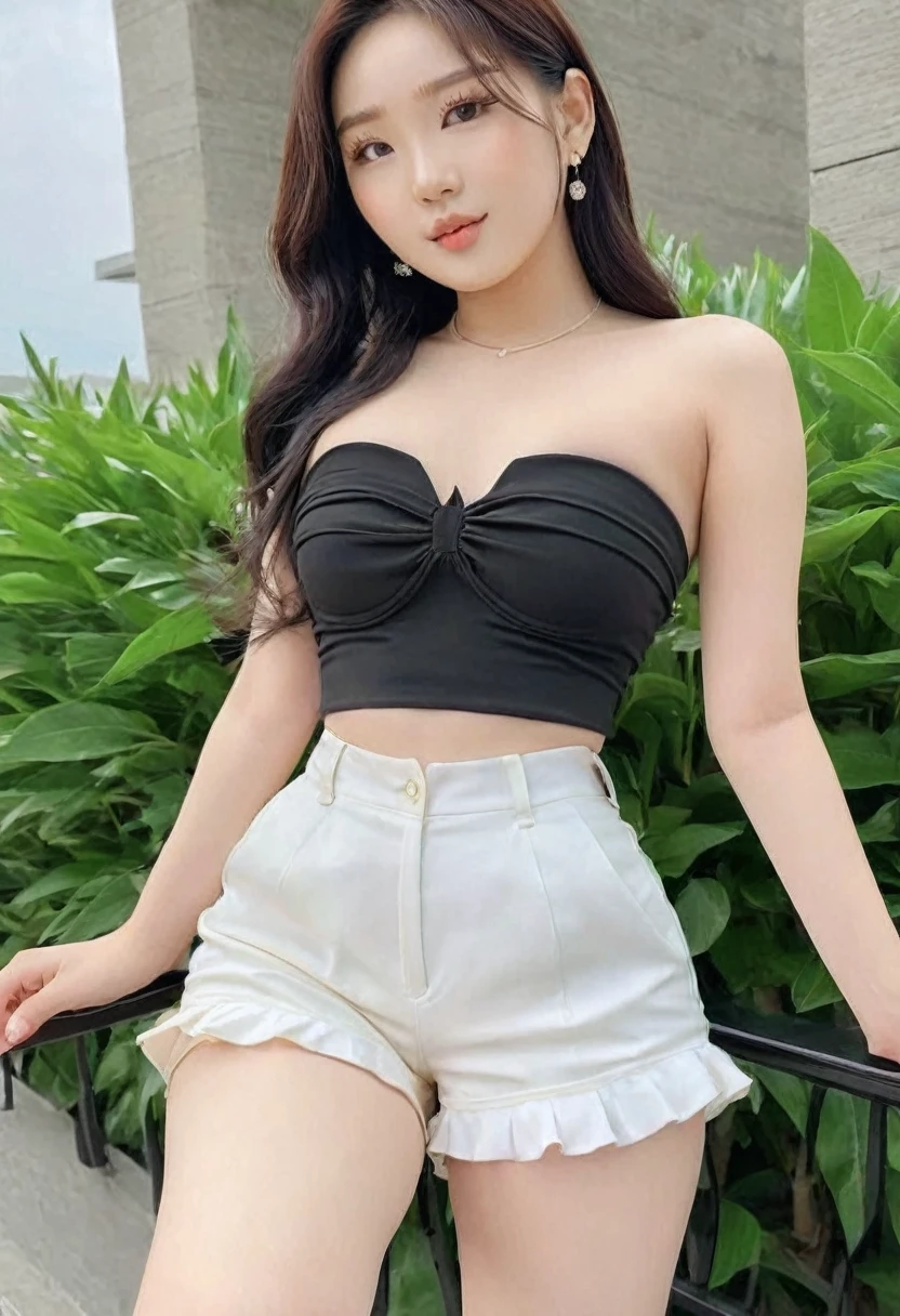(best high quality:1.5), work of art, (8k), extremely detailed, (High details:1.4), Solo, ((HotLexi)), Korean Ulzzang female with 24 years old, (strapless, mini-shorts), (hot hourglass perfect body),