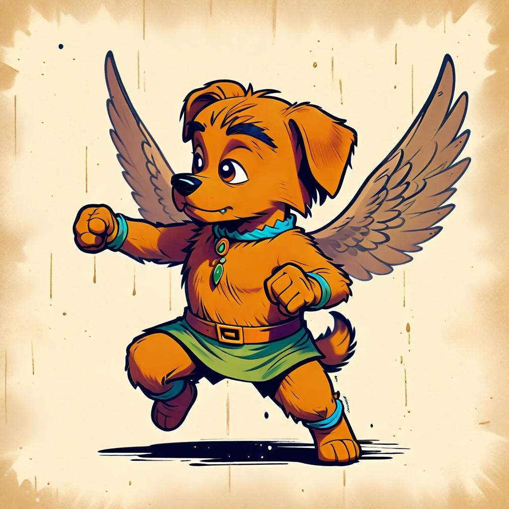 1960s design, vintage retro scrappy doo, screen grab Scooby Doo TV show, solid color design, 1960's Scooby Doo color style, expressive sketch bold ink lines, upright fists up to box, fighting stance, splash page comic, distinct scrappy doo design and iconic resemblance to the character scrappy doo, alone solo Scrappy Doo, flying, with wings, winged scrappy doo, ornate detailed feathers on wings, clearly scrappy doo, short small dog Scooby Doo distinct to original cartoon, scene is minimal, serene, perfect, strange, candid, cinematic, surreal, and timeless. The style is a mix of realism and cartoon, with 90s comic aesthetics, expressive ink work, cinematic compositions, and nuanced details. The style is reminiscent of Joelle Jones and 90's scooby doo animated tv show, scooby doo distinct art style,