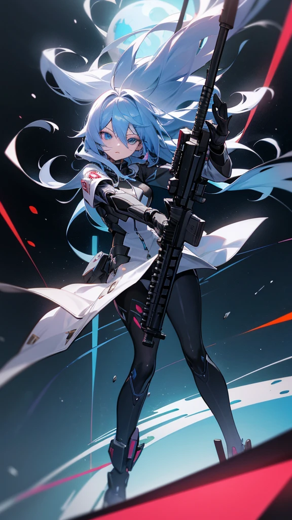 Make an image with the following texts:
 
Lesly with epic ghost trail skin from Mobile Legends Bang Bang Long hair, futuristic blue eyes, body with futuristic machine type humanoid, with futuristic advanced sniper gun aiming straight ahead, abundant gray color, negro, character with a space background and in the center of the image behind the character a stretched rhombus that serves to teleport the character whose rhombus shows another position in another space, long silver hair, everything in an anime way, all the character with the appearance of ex-machina schwi from the anime no game no life zero