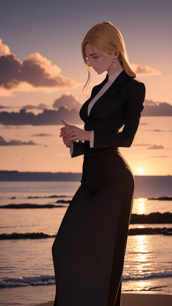 In the evening light, an imposing and captivating man stands out on the horizon. Its appearance is that of a high-end model, with a muscular and perfectly sculpted body that exudes strength and elegance. Her hair, a curly blonde that shines in the last rays of the sun, frames her impeccable face. Her deep and bright blue eyes are bordered by long eyelashes that add a touch of delicacy to her look. His perfectly formed and elegant lips, along with his straight and masculine nose, complete a face that seems sculpted by the gods. Coming from a millionaire family, his bearing and presence reflect his privileged origin. Her face is the picture of perfection, and her height of 195 cm makes it even more impressive. Today he wears a luxurious and expensive black suit that fits his body like a second skin, accentuating every muscle and line of his athletic figure. However, in this moment of apparent serenity, his eyes are full of tears, and his gaze, lost on the horizon, reveals an internal storm. Despite the impeccable appearance and the life of luxury, something deep and painful lives inside. As she watches the sunset, her expression shows a mix of sadness and reflection, a vulnerability she rarely allows others to see. The sunset scene reflects his emotional state: the beauty of the sky in transition contrasts with the storm in his soul, creating an image as powerful as it is melancholic. Through his tears, one perceives a man who, although surrounded by wealth and success, faces his own demons, perhaps seeking a moment of peace or an answer in the vastness of twilight.