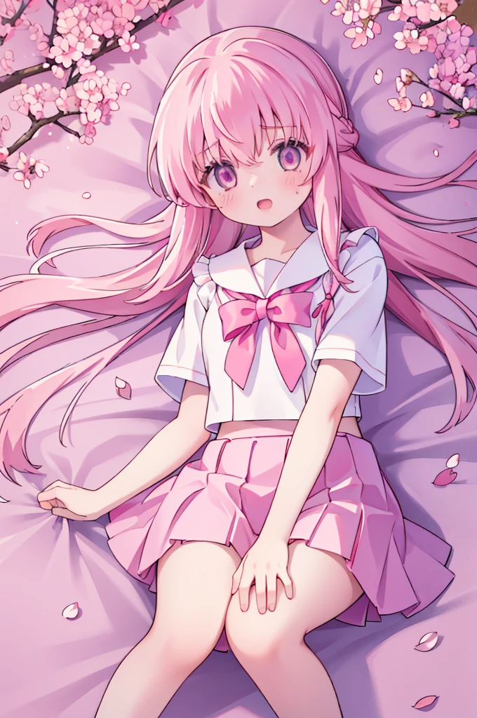 1girl solo pink hair, pink eyes with love, detailed eyes, straight hair, straight bangs, shiny hair,
,red bowtie,purple skirt,purple shirt,pleated skirt,short sleeves,looking at the bottom, laughter , open mouth, pink sakura trees and pink grass, in the middle of the sakura trees, laying down in the pink grass with pink flower petals on the ground, a white cat beside her, high-definition,masterpiece, masterpiece, best quality, high resolution, aabeta, double, slim waist, cute, sailor uniform (PastelColors: 1.3)