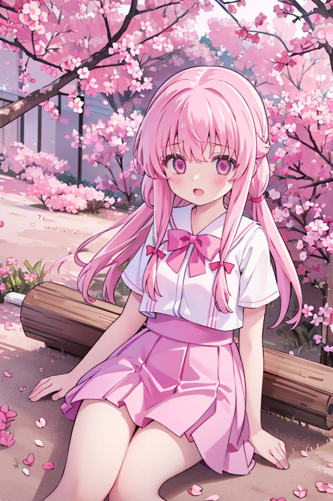 1girl solo pink hair, pink eyes with love, detailed eyes, straight hair, straight bangs, shiny hair,
,red bowtie,purple skirt,purple shirt,pleated skirt,short sleeves,looking at the bottom, laughter , open mouth, pink sakura trees and pink grass, in the middle of the sakura trees, laying down in the pink grass with pink flower petals on the ground, a white cat beside her, high-definition,masterpiece, masterpiece, best quality, high resolution, aabeta, double, slim waist, cute, sailor uniform (PastelColors: 1.3)
