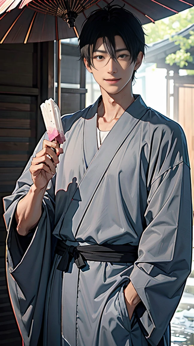 Japanese men、Black Hair、Short Hair、handsome man、30 years old、Handsome、Height: 180 cm、Wearing a gray yukata、Holding an ice lolly in his hand。Smiling and laughing、Two on the cheek、There are three drops of sweat、Eyes on the ice、Mouth open to eat ice cream、