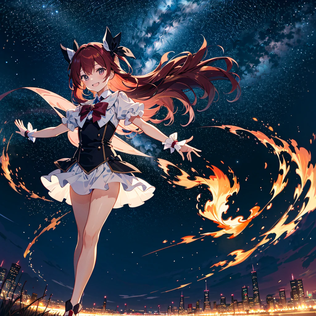 The red magical girl wearing flames was shining brightly in the midnight night sky, and smiles brilliantly with her whole body