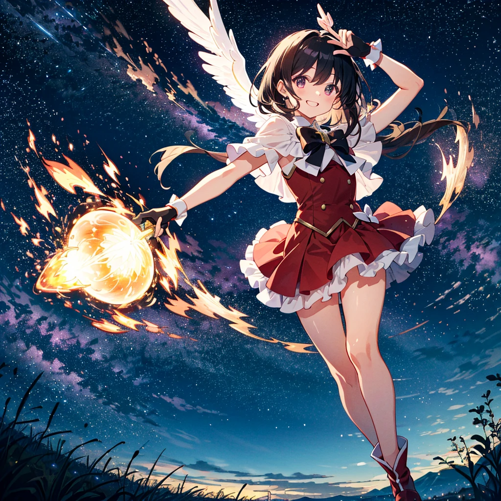 The red magical girl wearing flames was shining brightly in the midnight night sky, and smiles brilliantly with her whole body