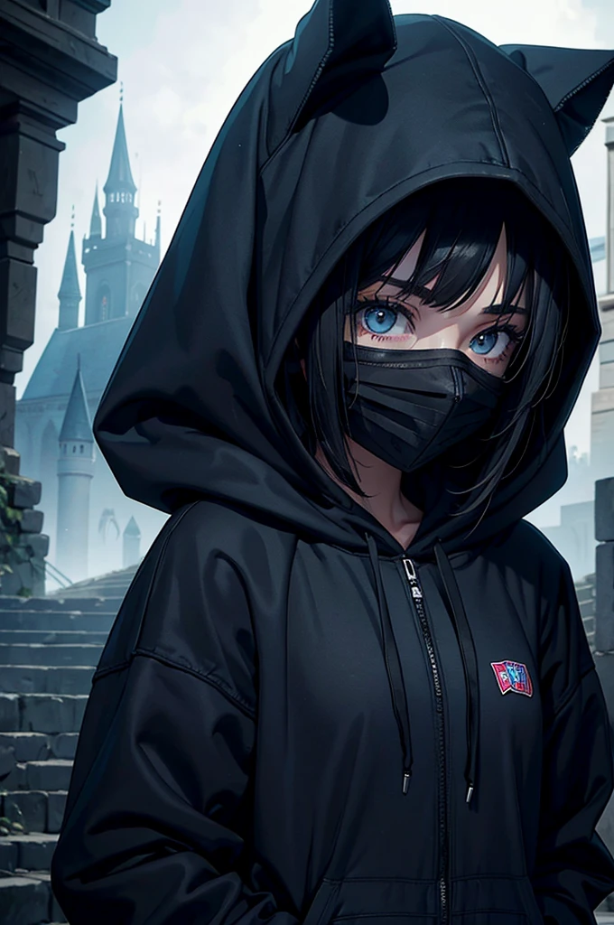 A mysterious girl wearing a hoodie, her face is hidden in a mask and the background is dark and creepy castle