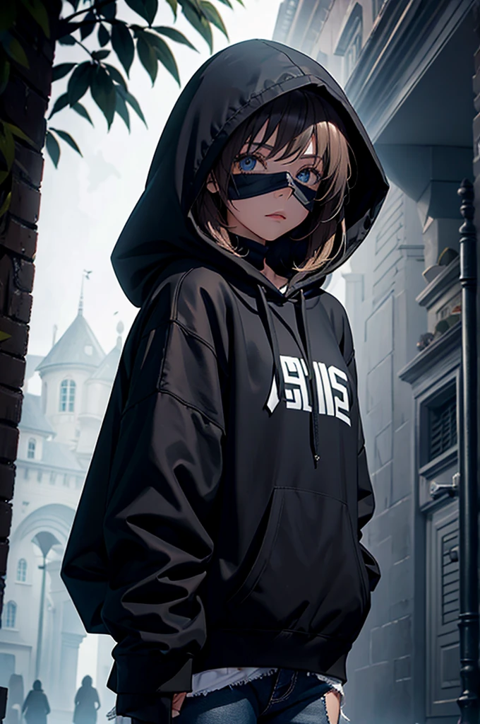 A mysterious girl wearing a hoodie, her face is hidden in a mask and the background is dark and creepy castle