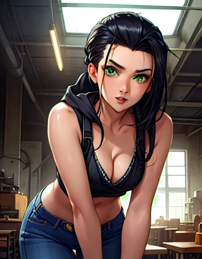 Alyx,black hair,hair slicked back,green eyes,
headband,sweater,jeans,sleeveless,hood down,midriff,
cleavage,standing,leaning forward,
industrial city,morning,indoors,
(insanely detailed, beautiful detailed face, masterpiece, best quality) cinematic lighting,