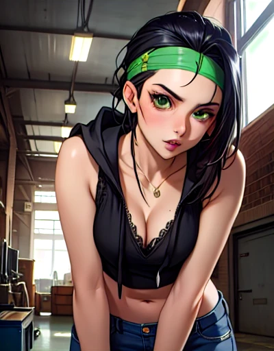 Alyx,black hair,hair slicked back,green eyes,
headband,sweater,jeans,sleeveless,hood down,midriff,
cleavage,standing,leaning forward,
industrial city,morning,indoors,
(insanely detailed, beautiful detailed face, masterpiece, best quality) cinematic lighting,