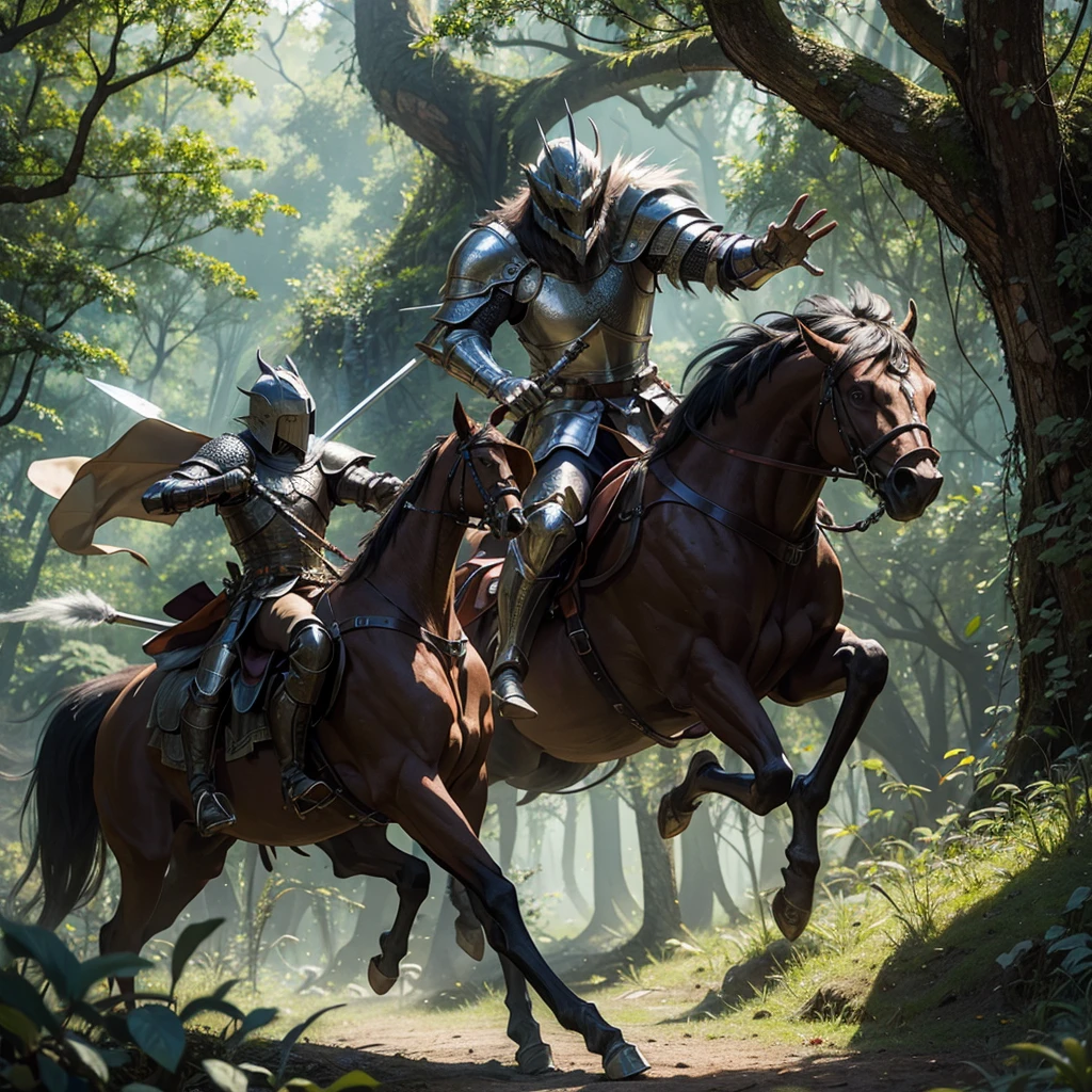 Knight battles beast with sword in island forest