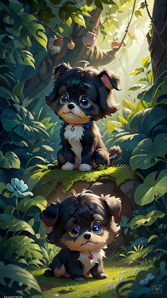 A cute little black shih tzu puppy with glowing blue eyes, playing in the woodront view, close up, Pixar cinematic style, best quality, movie stills, very cute, big eyes, Birds and flowers around, Rainforest,