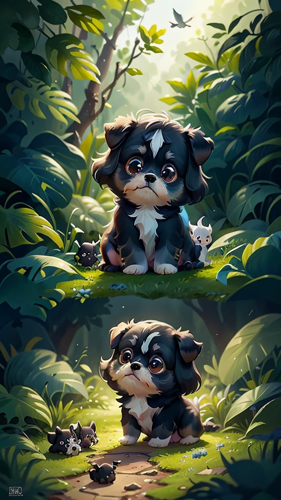 A cute little black shih tzu puppy with glowing blue eyes, playing in the woodront view, close up, Pixar cinematic style, best quality, movie stills, very cute, big eyes,  Birds and flowers around,  Rainforest,