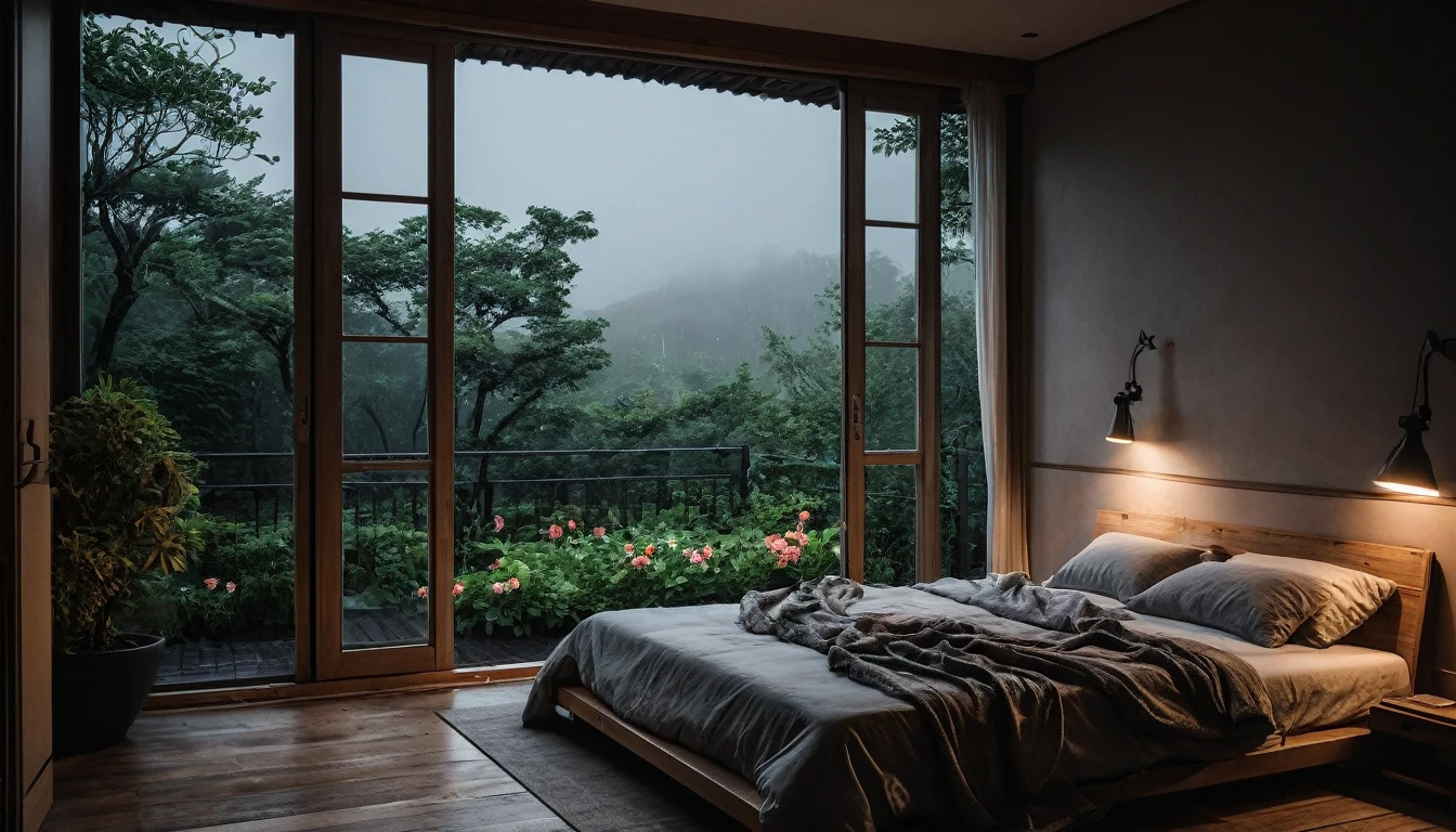 The picture shows a cozy gloomy bedroom, with a large window offering a view of a beautiful, dimly lit garden AND a garden soaked in FLOWERS, the cobblestones of the Japanese house concept. CINEMATIC, JAPANESE HOUSE, the shape of a Japanese house, and lots of flower gardens in the garden. The bed was unmade with rumpled sheets, indicating only a light sleep. the room is dark, gloomy, looks dim, gloomy. Beside the bed there is a small table with a classic lamp that radiates warm light into the room. Outside the window you can see the lush greenery of the terrace or balcony area, the rain is falling, the lamp on the left provides warm lighting, creating a calm and peaceful atmosphere. with fog obscuring part of the view in the distance. The contrast between the warmth indoors and the rain outdoors creates an inviting and calming atmosphere