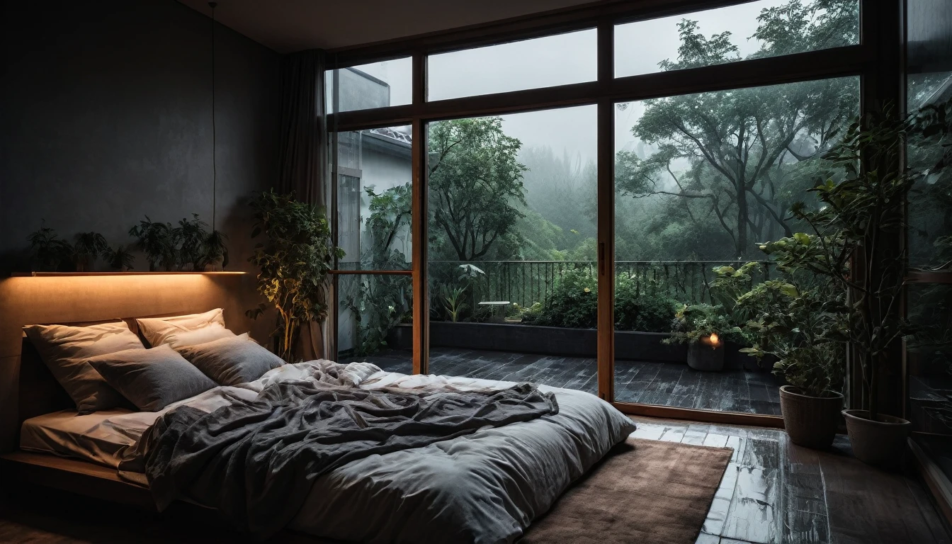 The picture shows a cozy gloomy bedroom, with a large window offering a view of a beautiful, dimly lit garden AND a garden soaked in FLOWERS, the cobblestones of the Japanese house concept. CINEMATIC, JAPANESE HOUSE, the shape of a Japanese house, and lots of flower gardens in the garden. The bed was unmade with rumpled sheets, indicating only a light sleep. the room is dark, gloomy, looks dim, gloomy. Beside the bed there is a small table with a classic lamp that radiates warm light into the room. Outside the window you can see the lush greenery of the terrace or balcony area, the rain is falling, the lamp on the left provides warm lighting, creating a calm and peaceful atmosphere. with fog obscuring part of the view in the distance. The contrast between the warmth indoors and the rain outdoors creates an inviting and calming atmosphere