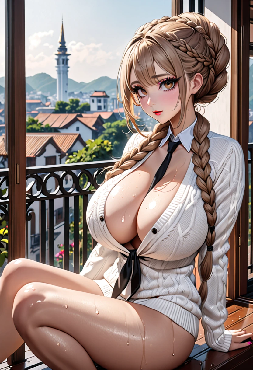(((Highest quality, Ultra-high resolution、The most complex and detailed depiction)))、((masterpiece:1.3)), (8k, RAW Photos, Best image quality: 1.4), Very detailedな顔、Attention to detail、(Beautiful woman:1.4),(Realistic:1.4) (8k, RAW Photos,), (photo-Realistic:1.2), Very detailed, Beautiful attention to detail, (girl:1.3)Dark eyeliner、Eyelash length、False eyelashes、double eyelid、Brown eyes、Light fluorescent lip gloss, ((hostess:1.2)),(Huge breasts:1.6),、(Cleavage:1.2)、(((Light brown hair、braid one's hair、((Tie your braided hair behind your head,Put your braided hair up)))))、White skin、Dark eyeliner、Black eyeliner、Heavy eye makeup、Eyelash length、False eyelashes、Eyelash length、Big eyes、Big black eyes、Big eyes、elongated nose、Heavy makeup、Face with gills、Spread your legs and look forward.、(((whole body)))、sexy、Glamorous Body、(Saggy breasts、Large saggy breasts)、((Sweat、Your body is wet))、(Pink Knitwear)Sit on the balcony、From the side、Beautiful nape