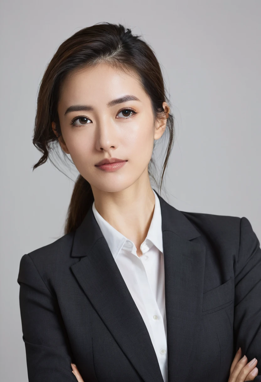 woman in a business suit tilting her head to the left