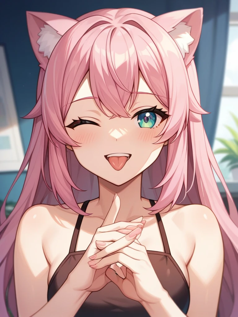 Adult, Female, long pink hair, winking, smiling, tongue out, vtuber, otaku bedroom, Masterpiece, Accurate, Anatomically Correct, Best Quality, High Details, Detail, Super Detailed, Best detail, Perfect detail, Amazing detail, [-3, 3], perfect hands, best hands, best fingers, perfect fingers, perfect body, best body, amazing body, Looking at viewer, front facing, upper body shot, Cat Ears, Close-Up,
