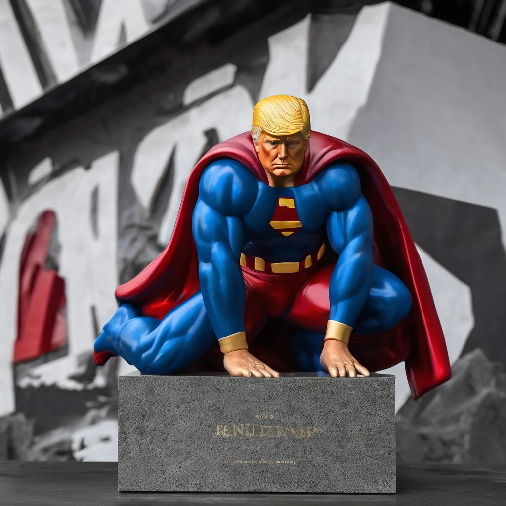 I want a stoic red and blue Donald Trump sculpture with a black and white background. The image should focus on the Donald Trump Superman costume. Must be a full body sculpture with walls or buildings in the background.. 


