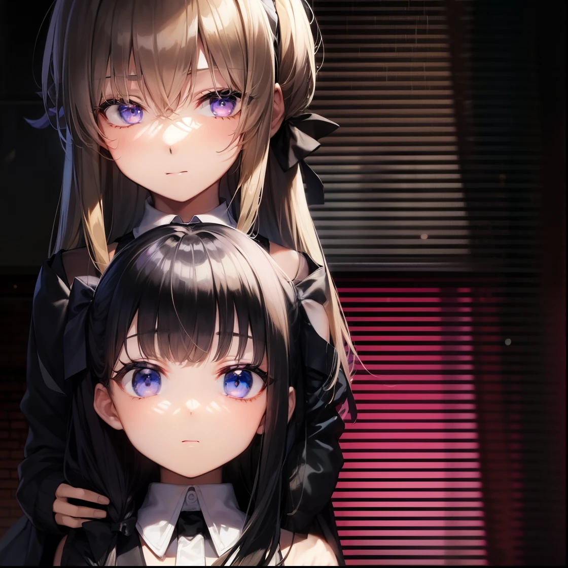 2girls, bare shoulders, black hair, blonde hair, blue eyes, bow, bowtie, covering one eye, detached collar, hair ribbon, hand over eye, jacket, long hair, looking at viewer, multiple girls, necktie, purple eyes, ribbon, , shirt, striped, v, v over eye