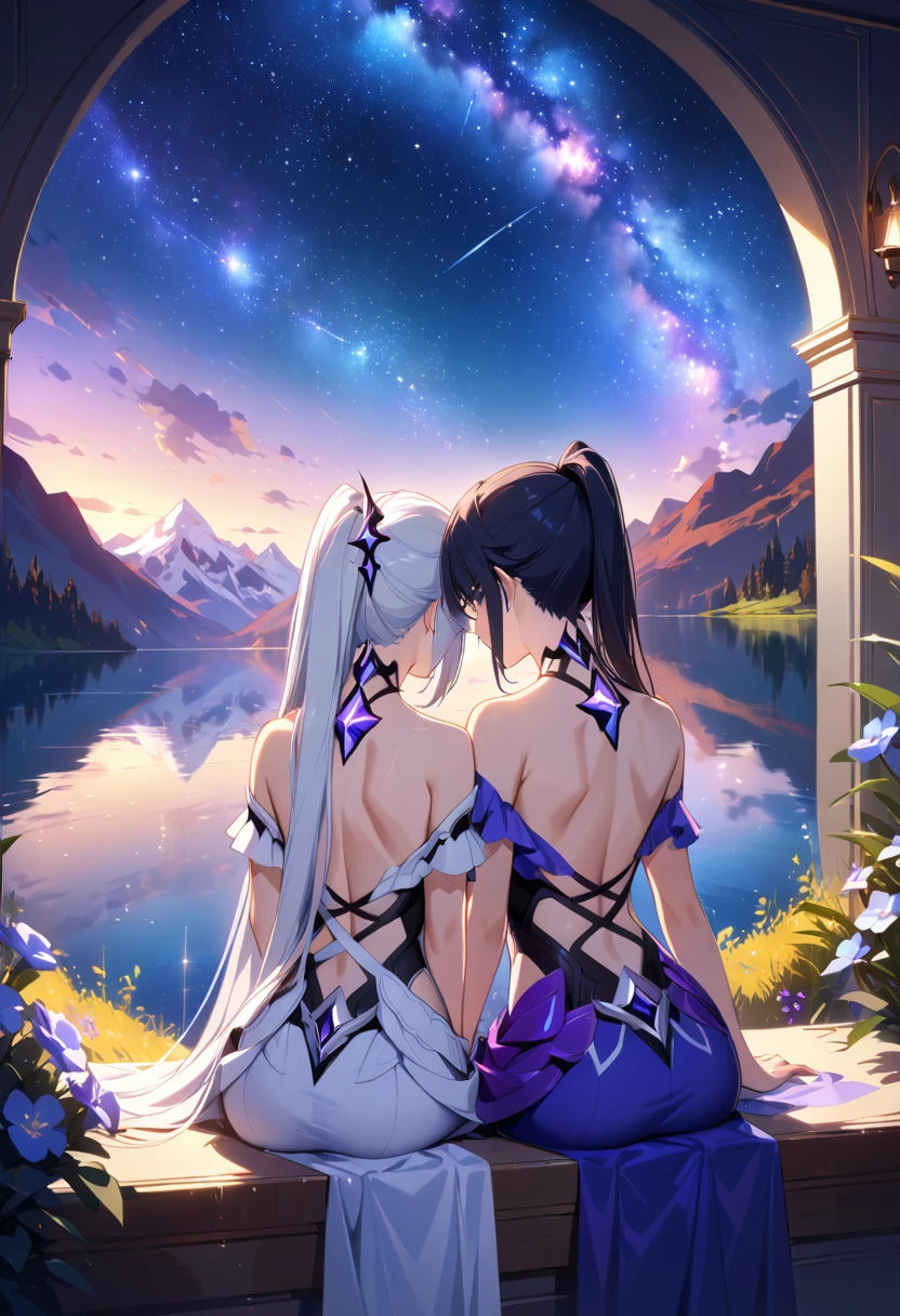 a beautiful detailed portrait of girls, Kiana Kaslana \(Herrscher of Finality)\ and Raiden Mei \(APHO)\, (Honkai Impact 3rd), very long hair, ponytail, sitting together in a scenic landscape with mountains, a lake, and a starry nebula sky, romantic atmosphere, the girls sitting facing away from the camera, head resting on each other's shoulders, (best quality,4k,8k,highres,masterpiece:1.2),ultra-detailed, studio lighting, extremely detailed environment, vibrant colors, cinematic lighting
