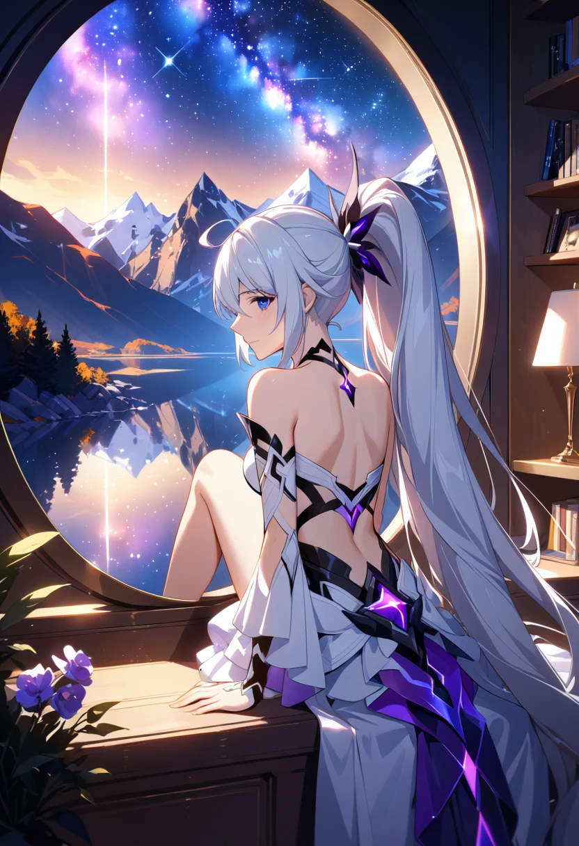 a beautiful detailed portrait of  girls, Kiana Kaslana \(Herrscher of Finality)\ and Raiden Mei \(APHO)\, (Honkai Impact 3rd), very long hair, ponytail, sitting together in a scenic landscape with mountains, a lake, and a starry nebula sky, romantic atmosphere, the girls sitting facing away from the camera, head resting on each other's shoulders, (best quality,4k,8k,highres,masterpiece:1.2),ultra-detailed, studio lighting, extremely detailed environment, vibrant colors, cinematic lighting