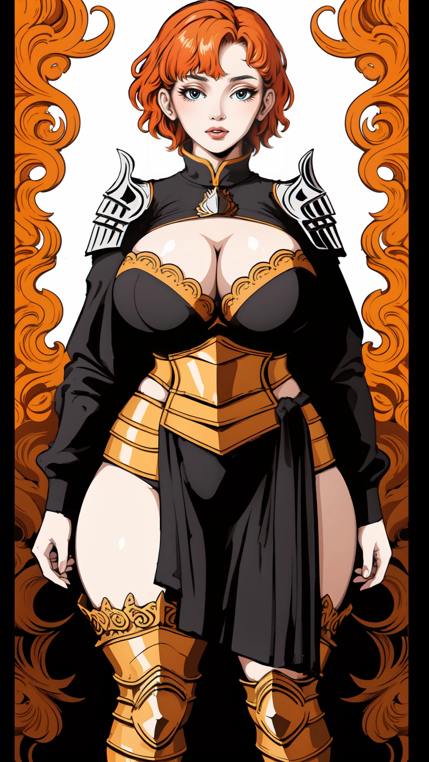 funger, very detailed illustration, mature woman, huge breasts, cleavage, highres, high quality, masterpiece, looking at viewer, (knight), orange hair, absurdres, ultra-detailed, short hair, full body, wide hips, thick thighs, huge ass