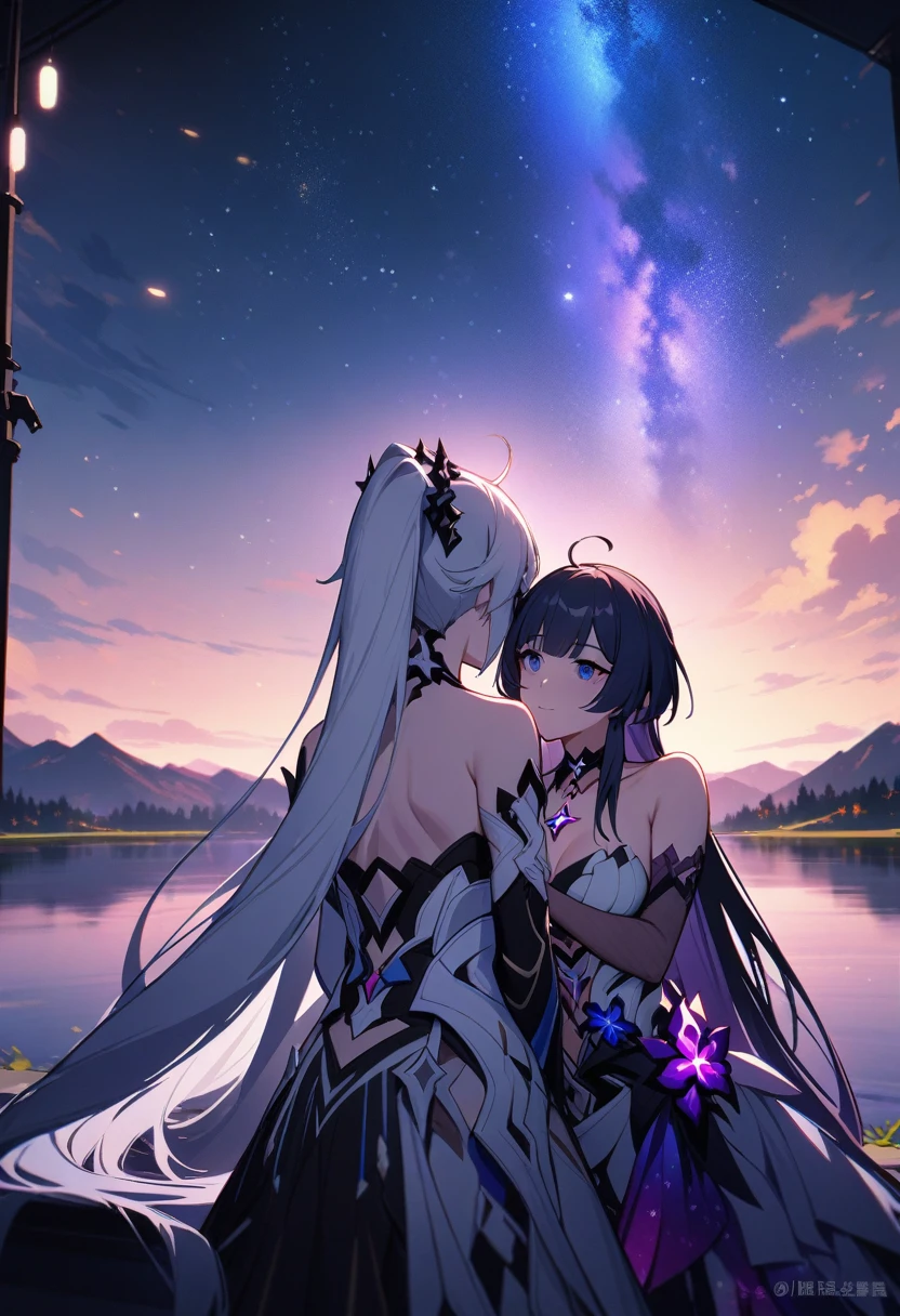 a beautiful detailed portrait of  girls, Kiana Kaslana \(Herrscher of Finality)\ and Raiden Mei \(APHO)\, (Honkai Impact 3rd), very long hair, ponytail, sitting together in a scenic landscape with mountains, a lake, and a starry nebula sky, romantic atmosphere, the girls sitting facing away from the camera, head resting on each other's shoulders, (best quality,4k,8k,highres,masterpiece:1.2),ultra-detailed, studio lighting, extremely detailed environment, vibrant colors, cinematic lighting