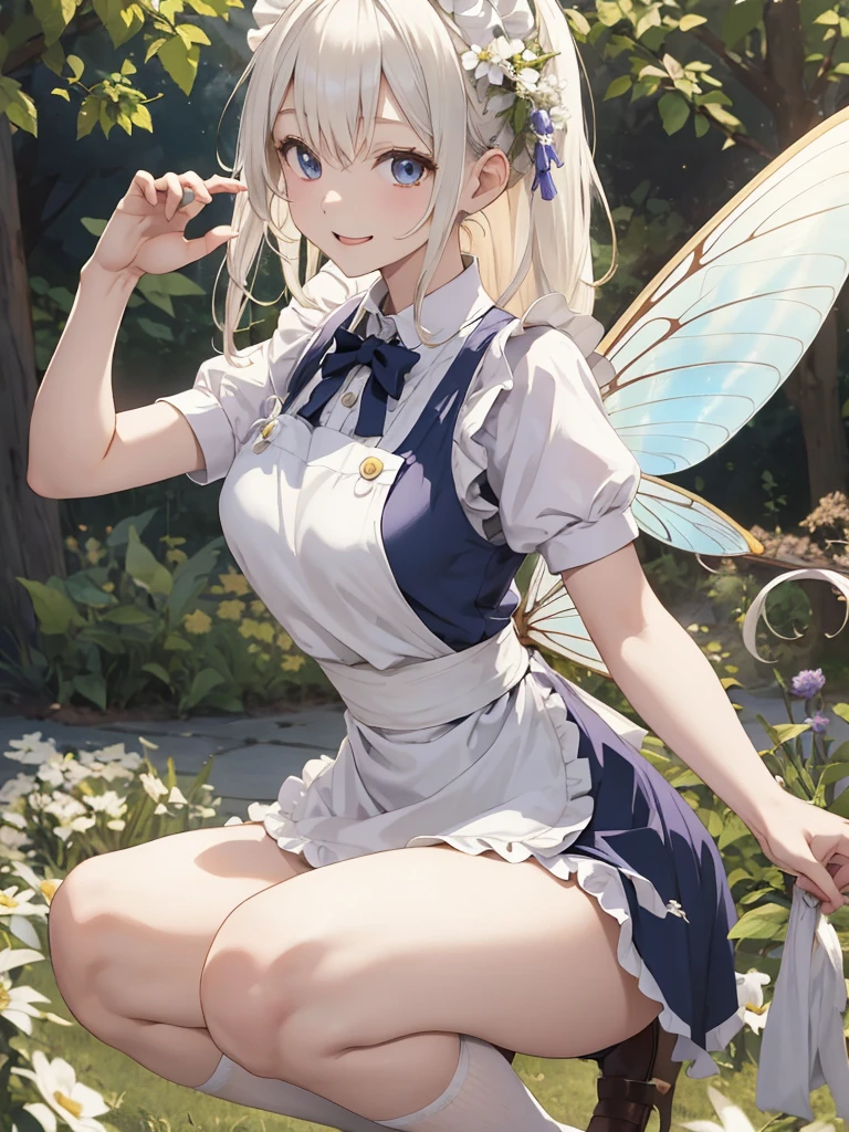 1 girl、As an adult、smile、shirt、skirt、apron、hair ornaments、Cream colored hair、Fairy、Maid、Maidコスチューム、(Small breasts)、Wind、Squat、