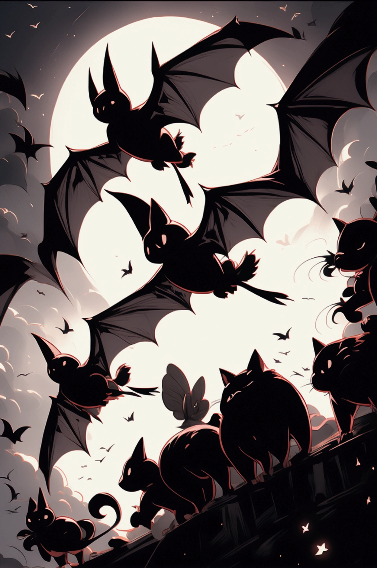 Black bats flying in the moonlight.
