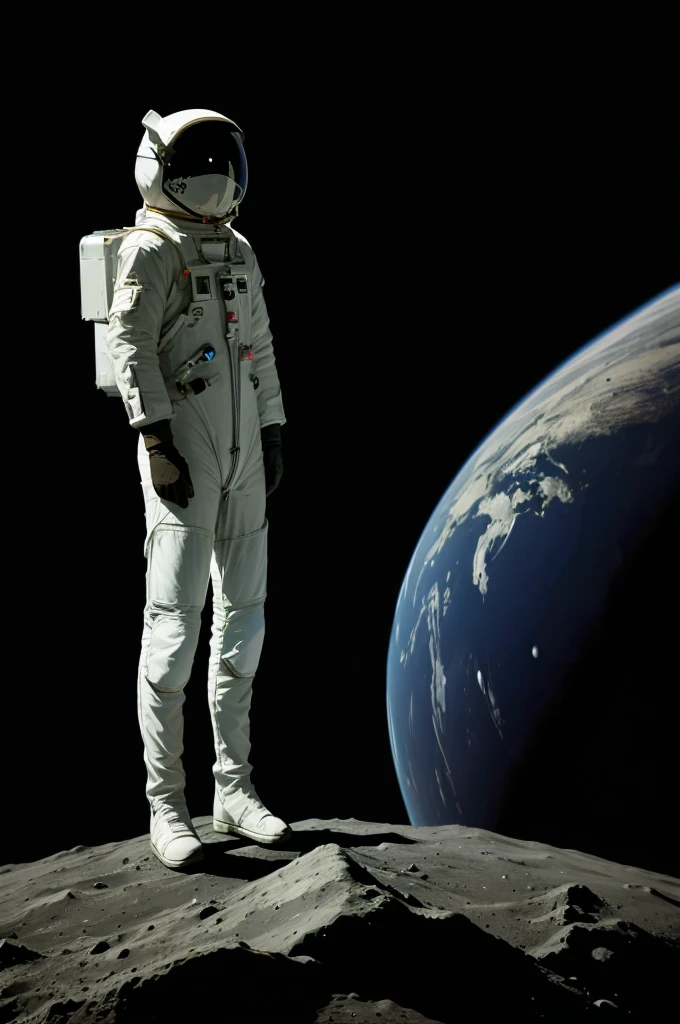 a astronaut with broken suit looking at earth from moon, standing